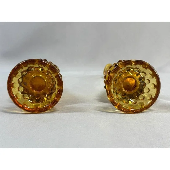 Vintage Pair Fenton Amber Glass Hobnail Swung Vases Footed Marked 10" MCM Retro - Picture 5 of 14
